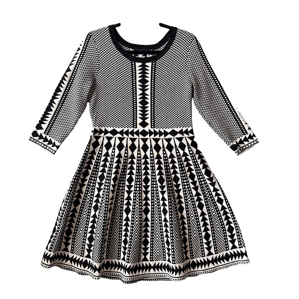 Nina Leonard Sweater Dress M Black White Geometric Knit Fit Flare Skater Mod